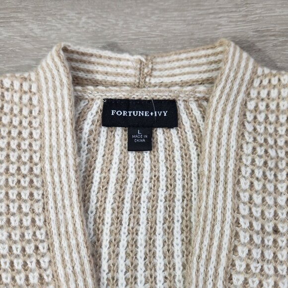 Fortune & Ivy White & Taupe Stripped Long Open Cardigan Women's Size L - Picture 6 of 15